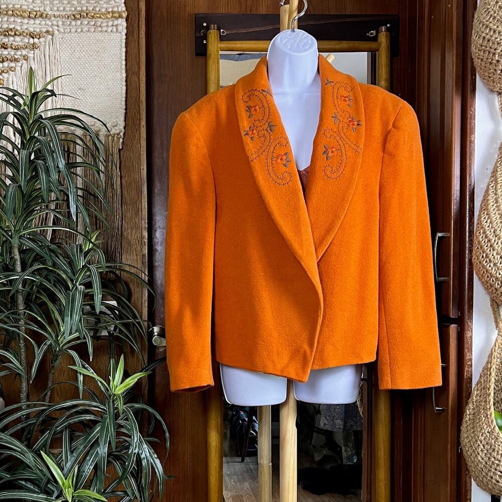 Vintage 90s Leslie Fay Orange Blazer Womens 16 Wool Blend Embroidered USA Union
